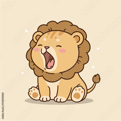 Adorable cartoon lion cub with a fluffy mane yawns widely, showing its pink tongue and tiny teeth, with closed eyes and rosy cheeks, sitting on a light background.