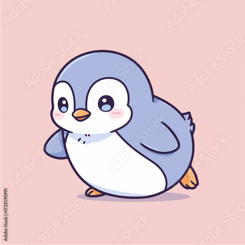 A cute, chubby baby penguin with big sparkling eyes and pink cheeks is happily waddling.