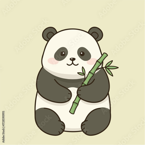A cute, cartoon illustration of a chubby panda bear sitting and holding a stalk of green bamboo in its paws, with a gentle smile and rosy cheeks against a pale yellow background.