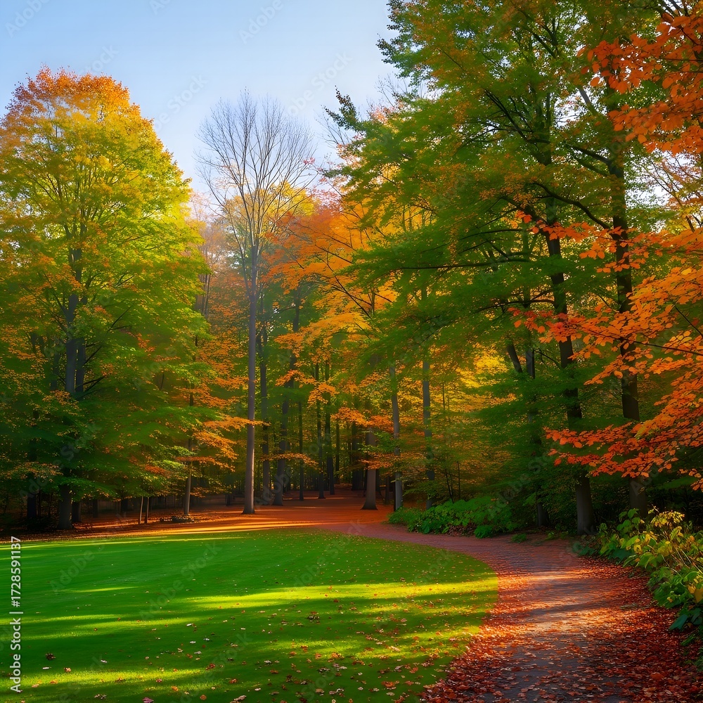 Naklejka premium Vibrant autumn forest scene with a sun-dappled path winding between trees displaying fiery red, orange, and golden foliage, next to a bright green lawn
