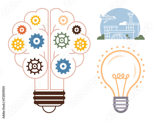 Gears forming a lightbulb tree as a metaphor of innovation, an airport with a flying airplane, and a glowing lightbulb. Ideal for creativity, industry, travel, technology, problem-solving