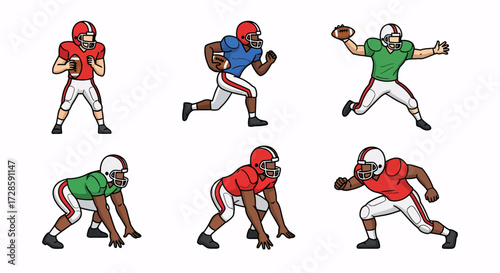 A dynamic collection of cartoon American football players in various action poses, showcasing their colorful jerseys and helmets on a white background.