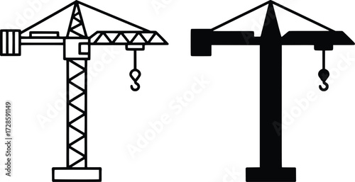 Construction Crane Icon Vector Set – Black Silhouette Tower Crane Illustration