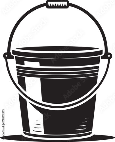 Black and white illustration of a metal bucket with a handle container object