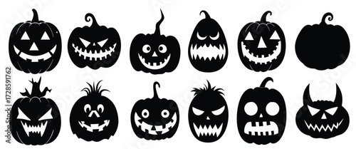 halloween silhouettes isolated black pumpkins bundle vector illustration