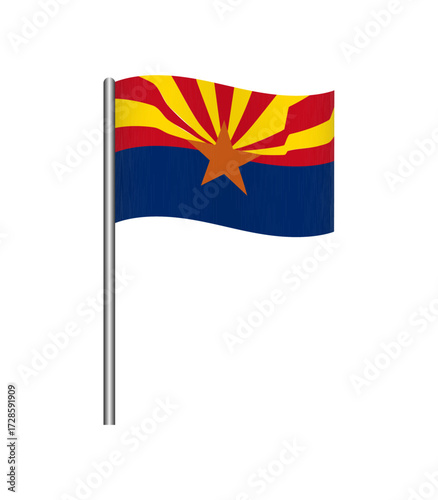 Vector illustration of the Arizona state flag waving on a flagpole, isolated on white background. Perfect for design, educational, and patriotic projects