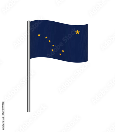 Vector illustration of the Alaska state flag waving on a flagpole, isolated on white background. Perfect for design, educational, and patriotic projects