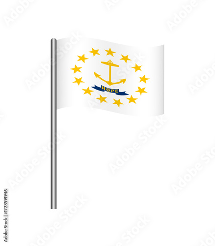 Vector illustration of the Rhode Island state flag waving on a flagpole, isolated on white background. Perfect for design, educational, and patriotic projects.