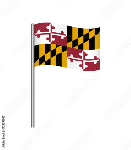 Vector illustration of the Maryland state flag waving on a flagpole, isolated on white background. Perfect for design, educational, and patriotic projects