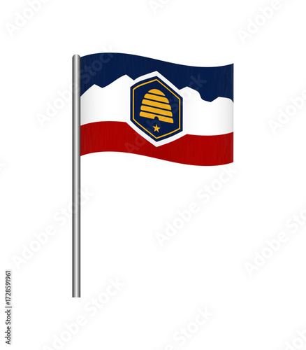 Vector illustration of the Utah state flag waving on a flagpole, isolated on white background. Perfect for design, educational, and patriotic projects.