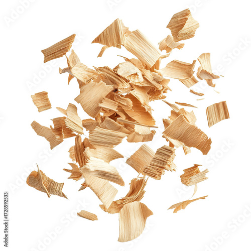 Wood shavings floating in air, scattered curly chips, isolated on transparent cutout background