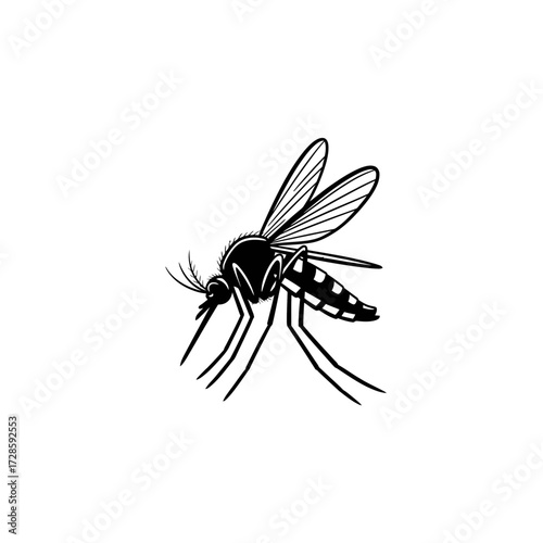 A detailed black and white illustration of a mosquito with its wings spread.