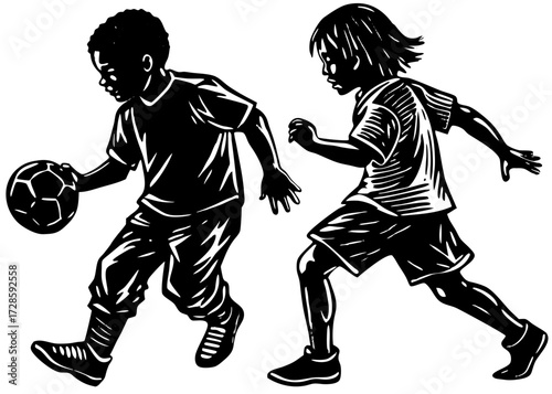 Kids Playing Football Silhouette, Sports and Fitness SVG, PNG