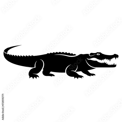 A black silhouette of a crocodile or alligator with sharp teeth, shown in profile against a plain white background.