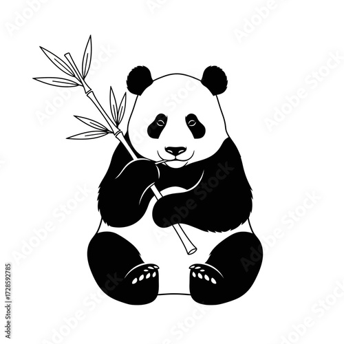 A charming black and white illustration of a giant panda sitting and holding a bamboo stalk.