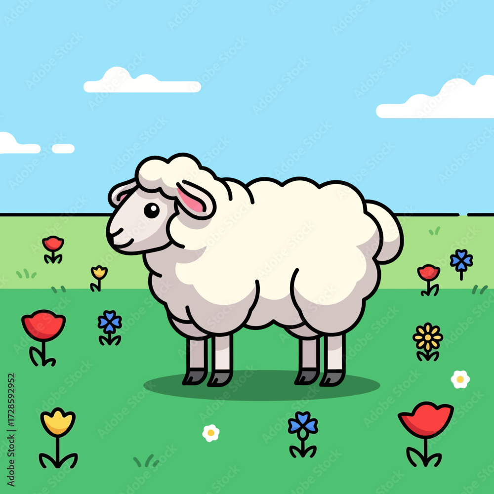 Obraz premium Cartoon sheep in a field of flowers under a blue sky.