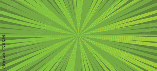 Green comic book page background in pop art style with empty space. Template with rays, dots and halftone effect texture. Vector illustration