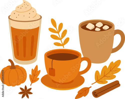 Warm autumn drinks (pumpkin spice latte, tea, cocoa)