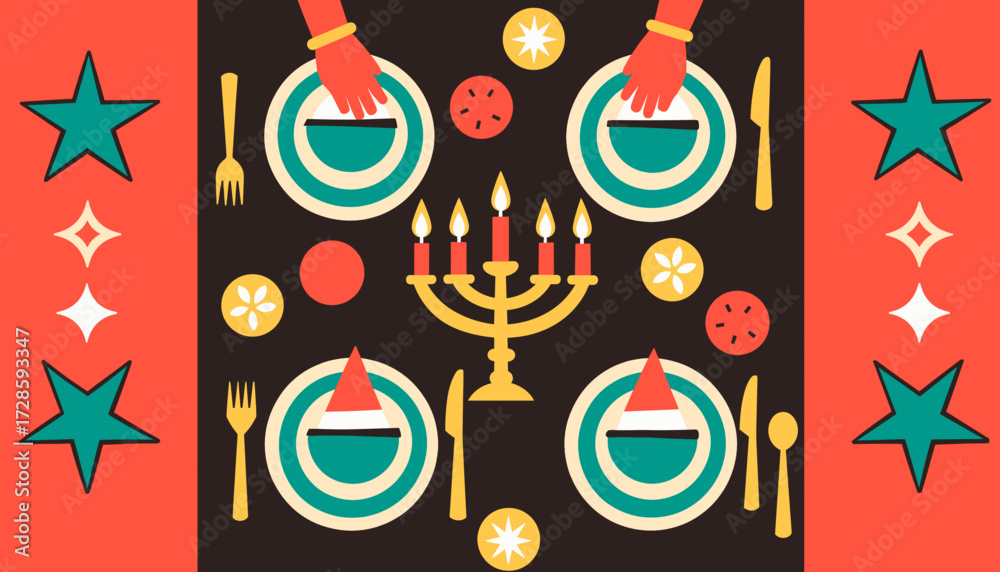Fototapeta premium Festive Kwanzaa dinner setting with candles and plates, celebration spirit