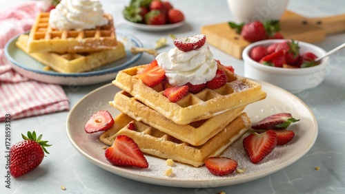 Sweet breakfast with waffles and fruit.