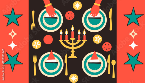 Festive Kwanzaa dinner setting with candles and plates, celebration spirit