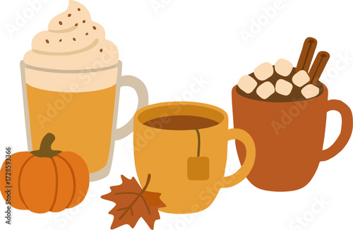 Warm autumn drinks (pumpkin spice latte, tea, cocoa)