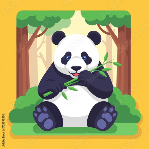 A cute panda sitting in a forest, holding and eating bamboo, with trees in the background.
