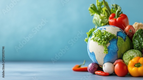 Planet earth with vibrant vegetables on blue background symbolizing global agriculture