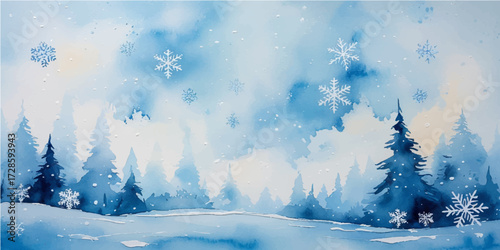 A beautiful winter landscape illustration of a snow-covered forest with festive fir trees and snowflakes under a starry blue sky for a Christmas holiday card