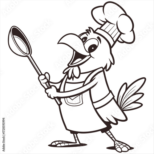 vector illustration of a cartoon chicken chef holding a spoon, ideal for themes of cooking, food, or humor on white background