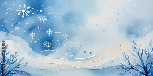 Abstract winter landscape with light blue sky and snowflakes