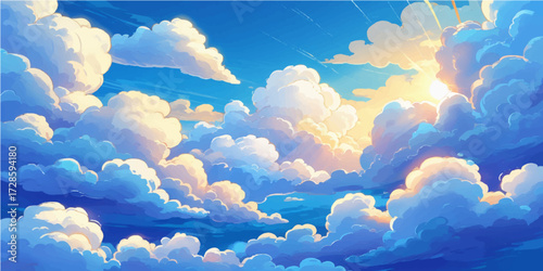 A vibrant blue sky filled with fluffy white clouds, a quintessential symbol of a beautiful day in nature