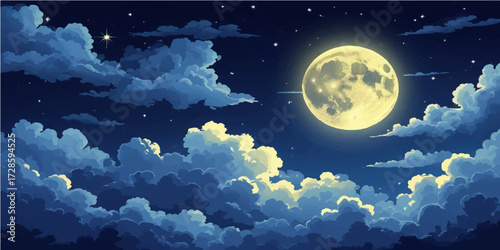 Moonlight dreamscape with clouds over the dark sea