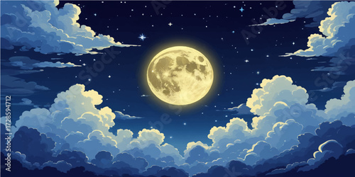 A beautiful fantasy landscape of a bright full moon hanging low in the dark night sky over a tranquil sea