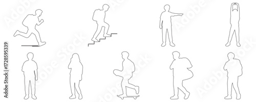 Architectural Drawings outline active students jogging lightly, running with backpack, walking up stairs vector illustration,  front view, human person Minimal style hand drawn.