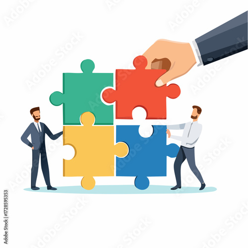New joiner to fill in team and solve problem, teamwork to get solution, put right man in the right job to fit job description concept, businessman hand HR put new joiner to connect jigsaw puzzle.