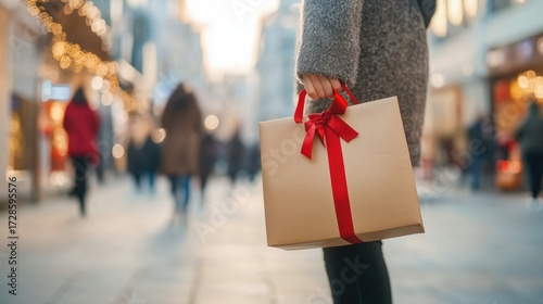 Female holding gift bag with red ribbon on busy street during holiday shopping
