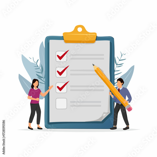 Task checklist, clipboard with to do list checkmark, task management to track work completion, accomplishment, survey or questionnaire concept, business people with pencil and checklist clipboard.