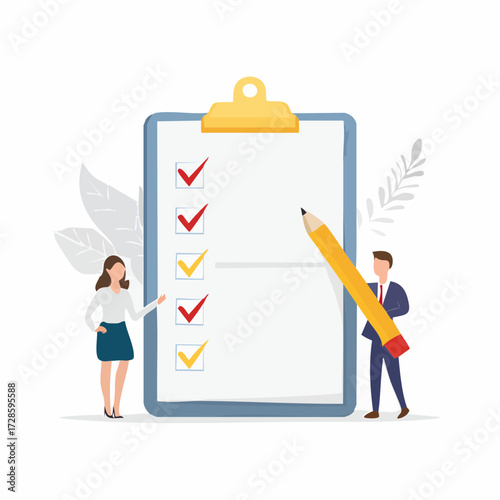 Task checklist, clipboard with to do list checkmark, task management to track work completion, accomplishment, survey or questionnaire concept, business people with pencil and checklist clipboard.