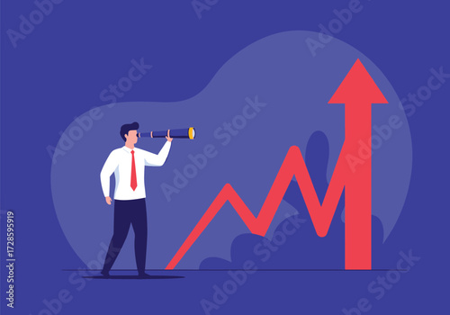 A businessman with a telescope observes the upward trend of a rising arrow chart indicating financial growth.