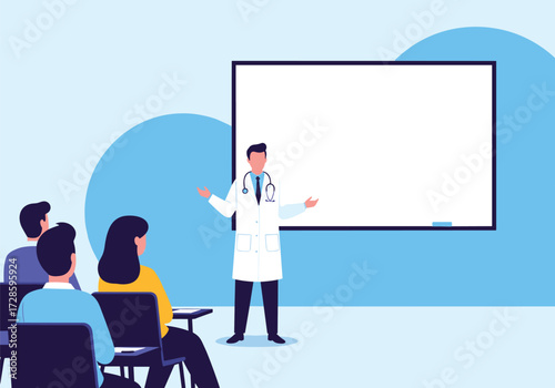 Doctor presenting medical information to a group of students in a classroom.