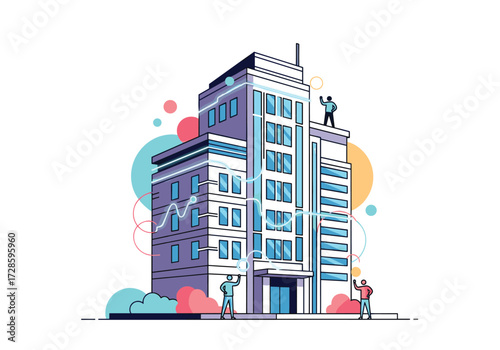 A modern office building with a futuristic design and vibrant colors.