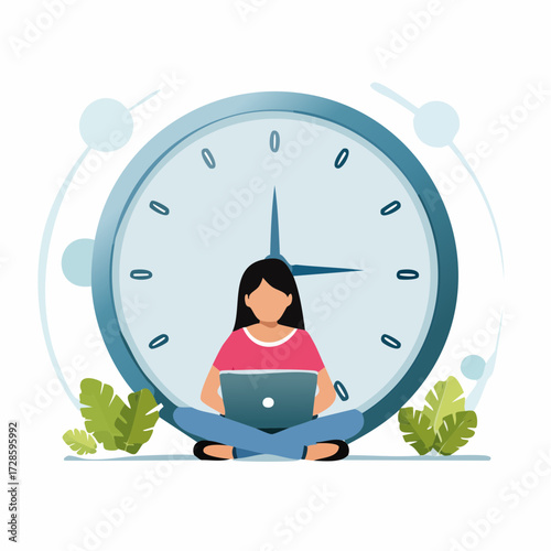 Part-time job, work tracking system, day planning or time management, side hustle or office work deadline, start and end time schedule concept, businesswoman working with laptop on split time cloc