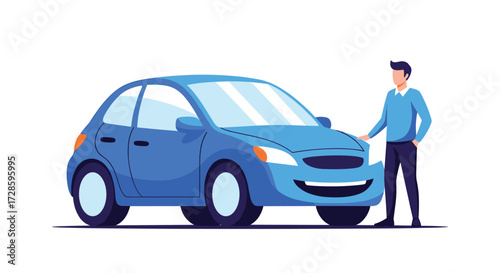 Man standing next to a blue car.