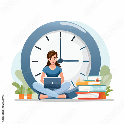 Part-time job, work tracking system, day planning or time management, side hustle or office work deadline, start and end time schedule concept, businesswoman working with laptop on split time cloc