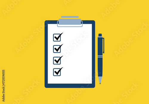 Checklist clipboard with pen on a yellow background.
