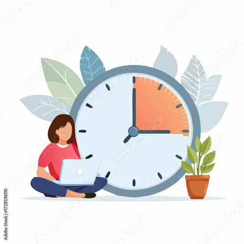 Part-time job, work tracking system, day planning or time management, side hustle or office work deadline, start and end time schedule concept, businesswoman working with laptop on split time cloc