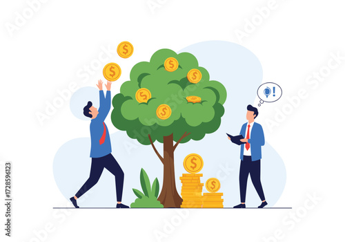 Two businessmen planting money growing tree in a garden.