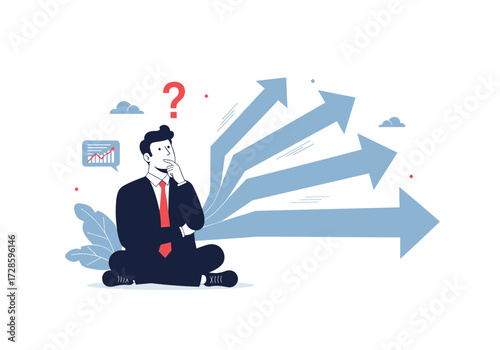 Businessman contemplating multiple pathways and making a difficult choice.