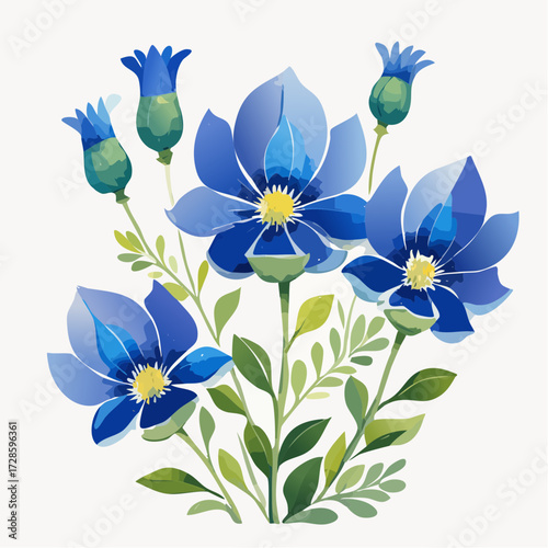 A delicate watercolor illustration showcasing vibrant blue bonnets in their full bloom, portraying nature's beauty and meticulous artistry over a white background